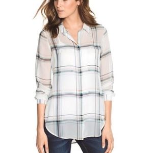 White House Black Markey Off White Ivory Boston Sheer Plaid Button Long Sleeve